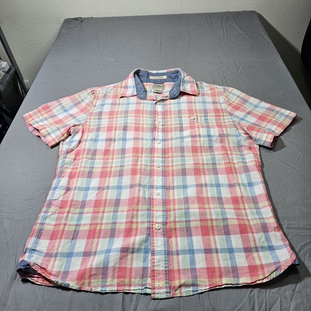 L.L. BEAN Colorful Plaid MADRAS Short Sleeve Botton Down Shirt Size M